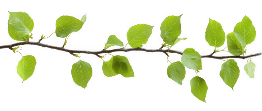 A delicate twig adorned with vibrant green leaves, isolated on transparent background, showcasing natures beauty in a minimalist composition against a clean backdrop