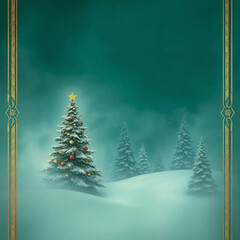 A serene winter landscape featuring snow-covered hills and evergreen trees