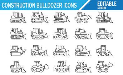 Set of construction bulldozer icons, including various types of machinery for building and excavation tasks. Editable line art vector illustration for design projects.