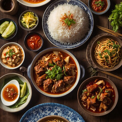 A variety of Asian dishes arranged on a wooden table. Includes noodles, rice, dumplings, and sauces