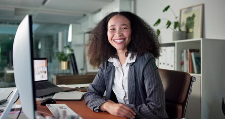 Face, happy or woman in office with plants, about us or founder of eco friendly startup. Portrait, smile or entrepreneur with confidence, green success or planning for sustainable small business. - Powered by Adobe