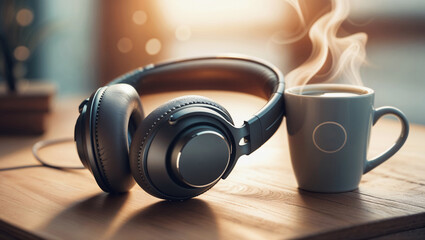 A pair of black headphones rests on a wooden table next to a steaming cup of coffee. Background is softly blurred