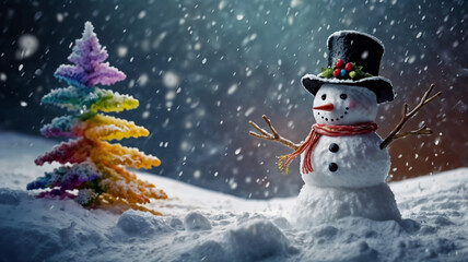 A snowman with a black hat and a red scarf stands in a snowy landscape. A colorful Christmas tree is nearby
