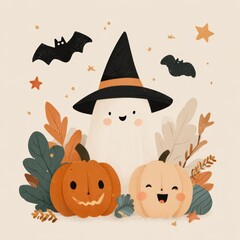 Happy halloween A whimsical illustration featuring a friendly ghost in a witch hat, cheerful pumpkins, and playful bats amid autumn leaves, Ideal for Halloween-themed cards, decorations