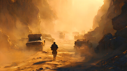 Lone survivor journeying through post apocalyptic wasteland at dawn