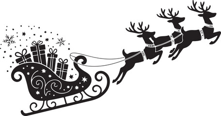 Silhouette of Santa Claus riding in a sleigh with reindeer. Vector on transparent background
