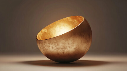 3D render of an abstract minimal background featuring a glowing gold core sphere partially concealed within a golden hemispherical shell, expressing modern luxury, balance, and refined futuristic desi