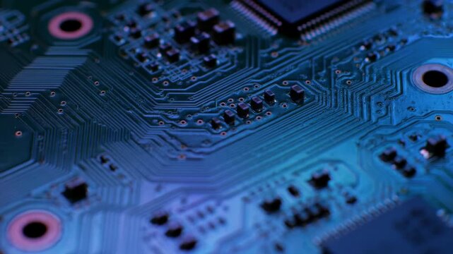 Close-up of purple and blue circuit board, representing technology and electronics concept. High tech computer component with electronic elements.