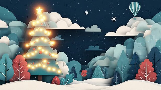 Festive Winter Landscape Illustration with Brightly Lit Christmas Tree, Snowy Hills, and Starry Night Sky. Holiday Season Background.