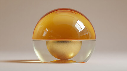 3D render of an abstract minimal background featuring a glowing gold core sphere partially concealed within a golden hemispherical shell, expressing modern luxury, balance, and refined futuristic desi