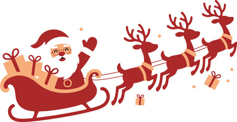 Silhouette of Santa holding one hand on a sleigh with reindeer and waving on a white. Christmas, new year