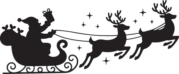 Silhouette reindeer sleigh ride, black, vector, isolated