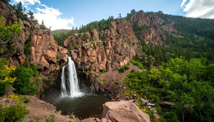 Waterfall cascading into a rocky pool, surrounded by towering red rock cliffs and lush green forest