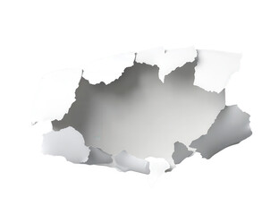 Fototapeta premium A hole torn in white paper isolated on transparent background, revealing a gray void and creating a sense of depth and destruction with jagged edges
