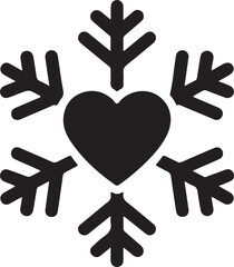 Snowflake with heart icon. Black silhouette snow flake sign, isolated on white background. Flat design. Symbol of winter, Christmas, New Year holiday, Valentines day. Vector illustration