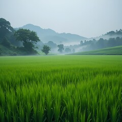 Obraz premium Green rice plantation with summer sky and natural scenery 