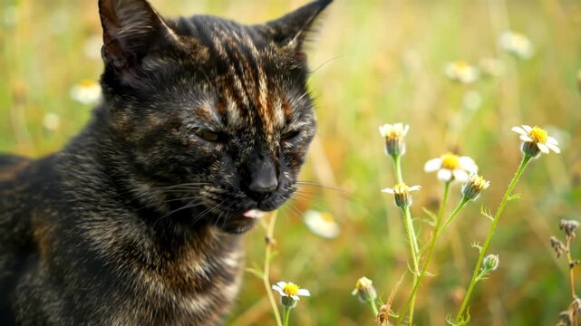 Close-up of one tortoiseshell cat in a field of daisy flowers in spring looking right.