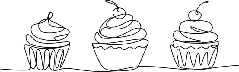 Three stylized cupcakes with cherry topping dessert sweet