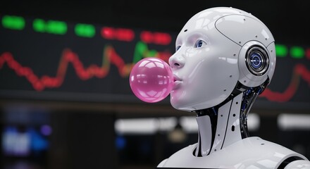 Humorous Robot Blowing Bubble Gum with Stock Market Chart in the Background