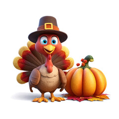 Cartoon turkey wearing a pilgrim hat standing next to a pumpkin a festive illustration for Thanksgiving