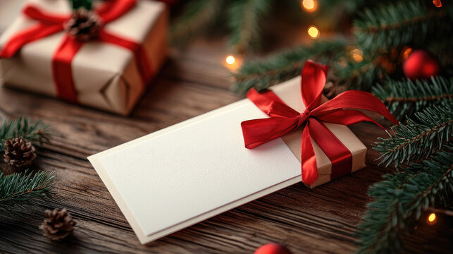 Christmas gift certificate mockup with red ribbon, gift boxes, fir tree branches with pine cones and Christmas lights on wooden table is waiting to be personalized with a greeting message