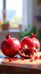 Two vibrant pomegranates on a wooden surface, bathed in sunlight