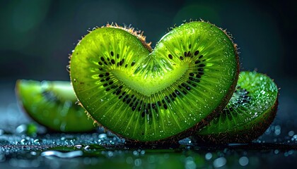 view showcases a heart-shaped kiwi fruit slice with vibrant green hues, water droplets, and a focus on freshness, accompanied by additional kiwi slices against a dark, blurred background.