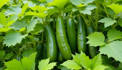 Fresh cucumbers grow among vibrant green leaves.