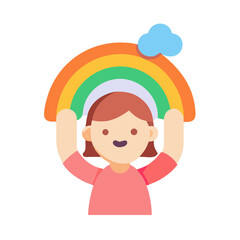 Cartoon girl holds rainbow with cloud flat vector graphic