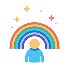 Person standing under a colorful rainbow with star decorations