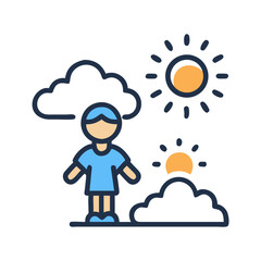 Child figure with weather icons in minimalist flat design
