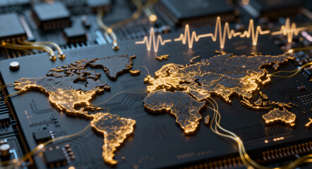 Digital World Map as a Microchip with Heartbeat Pulse Line Representing Global Technology and Finance