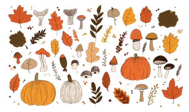 Autumn harvest illustration set featuring pumpkins mushrooms and leaves perfect for seasonal designs and fall-themed projects