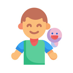 Cartoon boy with happy smile holds cute toy friend