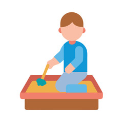 Child playing in sandbox with shovel against black background