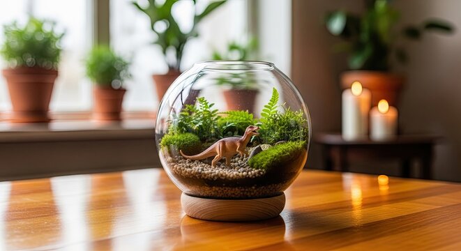 Miniature Dinosaur Terrarium Garden In A Glass Bowl
