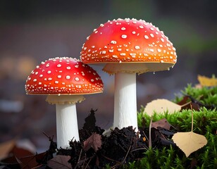 Two vibrant red and orange mushrooms stand atop a bed of moss and fallen leaves.  Autumnal colors