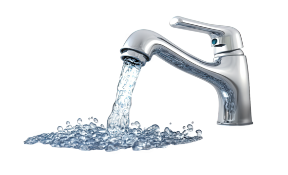 A modern chrome faucet with water flowing out, isolated on transparent background, highlighting the sleek design and efficient water usage