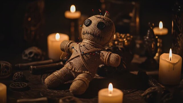 Creepy Voodoo Doll Surrounded by Flickering Candles and Mystical Objects in a Dimly Lit Chamber with Dramatic Lighting and Shallow Depth of Field