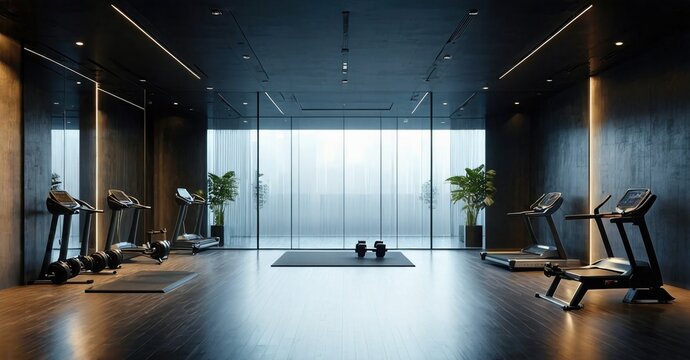 Minimalist dark display off modern fitness club with daylight and mirrors