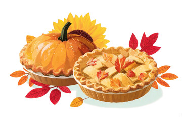 Watercolor pumpkin pie and apple pie autumn harvest desserts with fall leaves isolated on white background