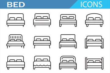 Collection of Bed Icons with Various Designs for Bedroom Furniture and Decor