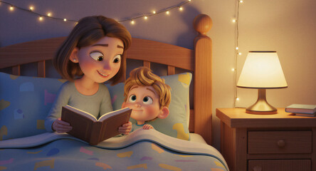 Mother Reading Bedtime Story to Her Son in Warm Cozy Bedroom, Gentle Parenting and Family Support