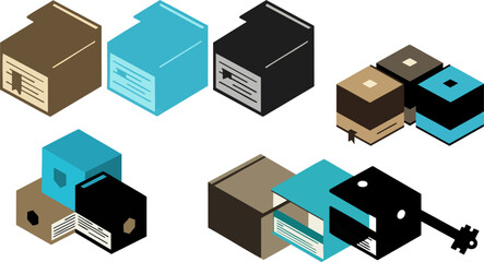 Isometric ink cartridges in brown blue and black for printer supplies concept