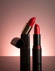 Two vibrant red lipsticks, angled, against a soft mauve background.  Glossy, modern packaging