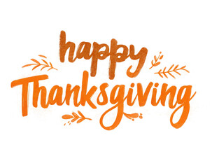 Happy Thanksgiving typography orange watercolor lettering with decorative leaves festive design element for holiday greetings and invitations