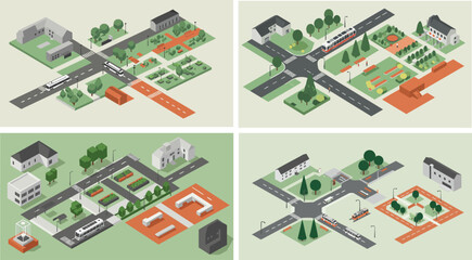 Isometric illustrations showcase urban planning with green spaces and infrastructure