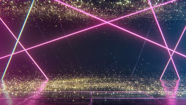Futuristic pink neon laser lights with sparkling glitter background