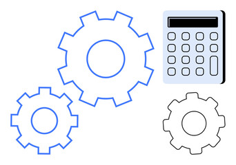 Interlocking gears alongside a calculator symbolize collaboration, optimization, and financial operations. Ideal for technology, engineering, finance, problem-solving, process improvement, teamwork