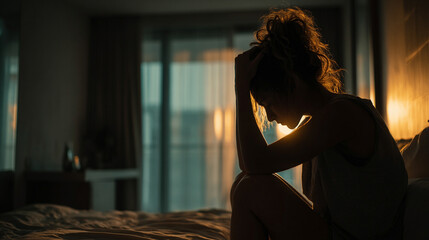 Silhouette of a woman sitting on a bed, head in hands, crying, overwhelmed by depression in a dimly lit, modern minimalistic room with a blurred window view.